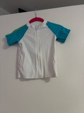 Kids White Swim Top with Blue & Green Sleeves - Front Zip